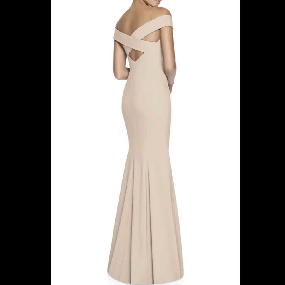 Dessy Collection Off the Shoulder Crossback Gown in Cameo Size 4